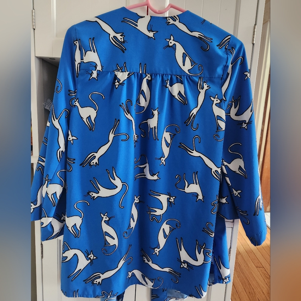 Modcloth S/M Blue White Cat Print Breezy Bliss Kimono Cover-up Silky Blouse - Picture 6 of 7